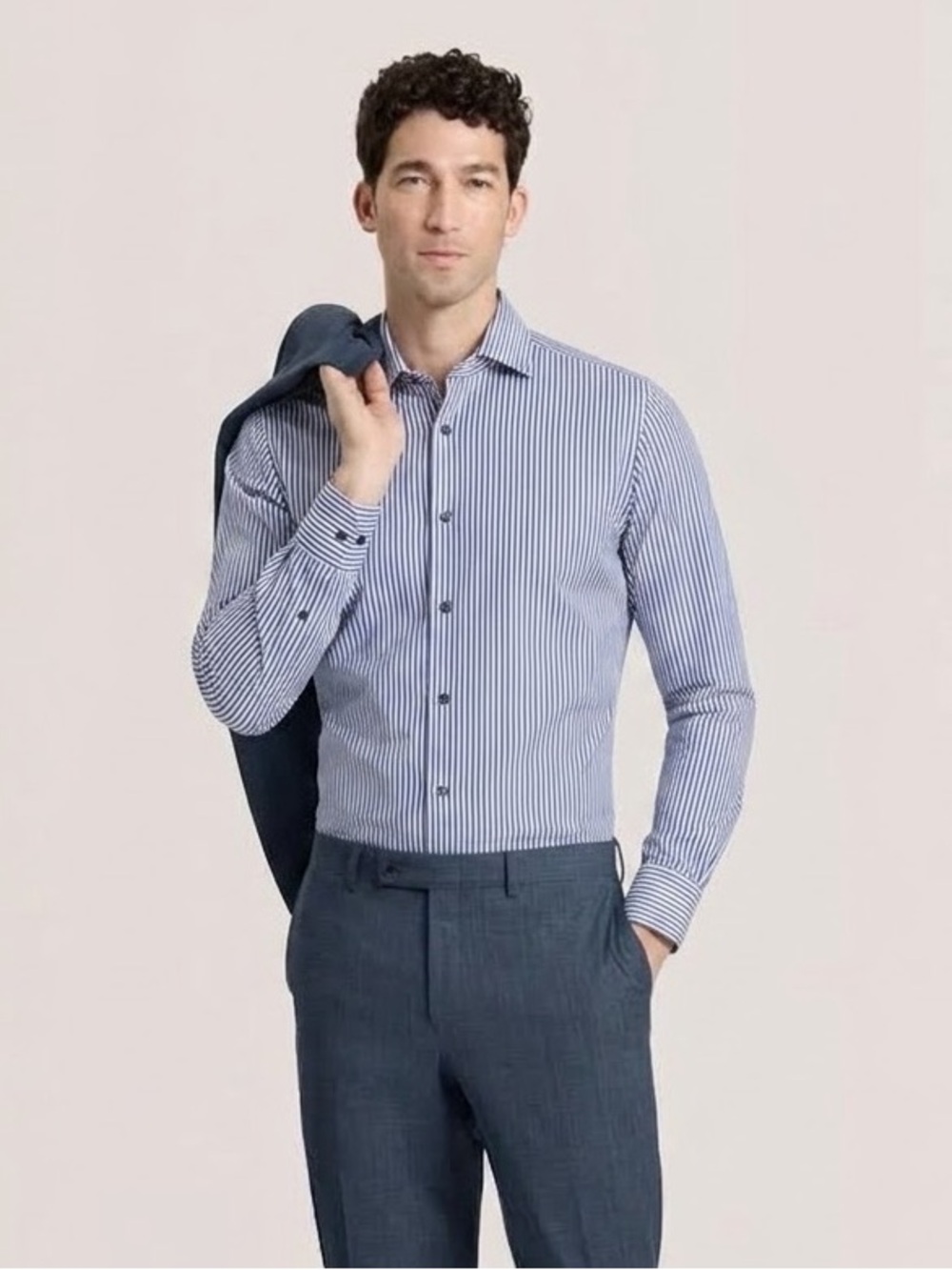 TED BAKER Archive Men's Qarth Cotton Stripe Poplin Shirt - Navy/ White, Sz 16